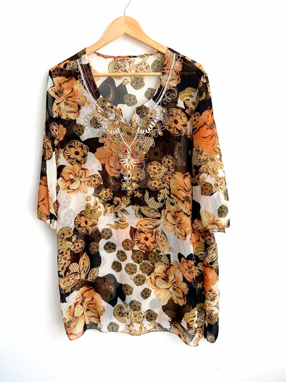Eder A - Boho Embellished Sheer Tunic Cover-Up Blouse - XXXL